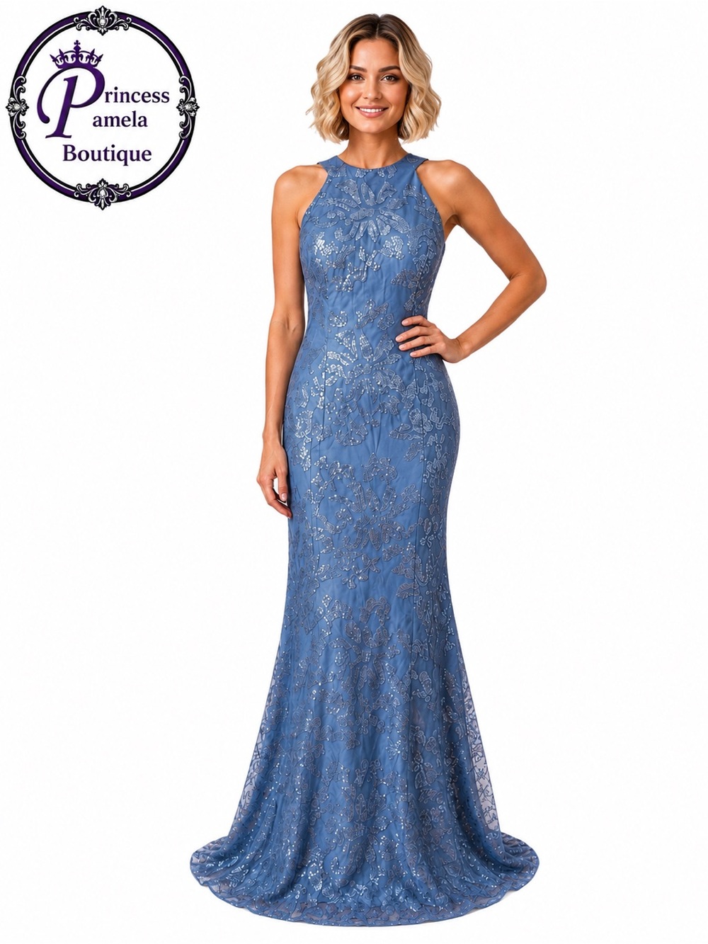 #3-8 Dusty Blue Sequin High Halter Neckline Sleeveless Column Gown-Size 6/Small